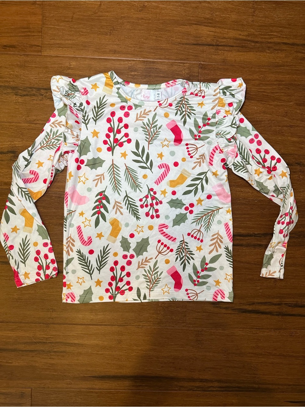 Mila & Rose Girls Long Sleeve Christmas Print Ruffle Top Candy Cane